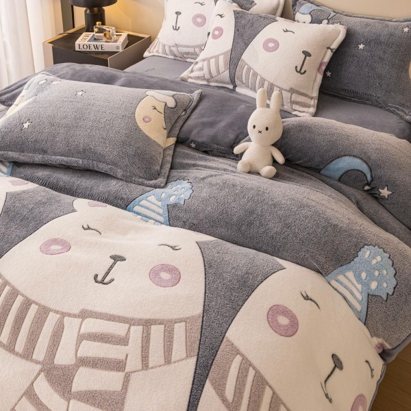 Set Lenjerie Pufoasa Cocolino cu Elastic, 4 Piese, Pat 2 Persoane, Gri-Crem, bear, LEC-093