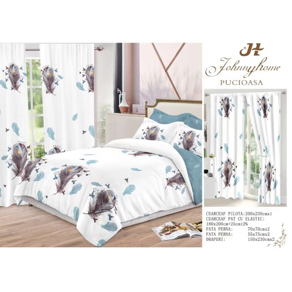 Lenjerie pat dublu, BUMBAC FINET, 6 piese, plus 2 DRAPERII, Alb, pene, LFG-002