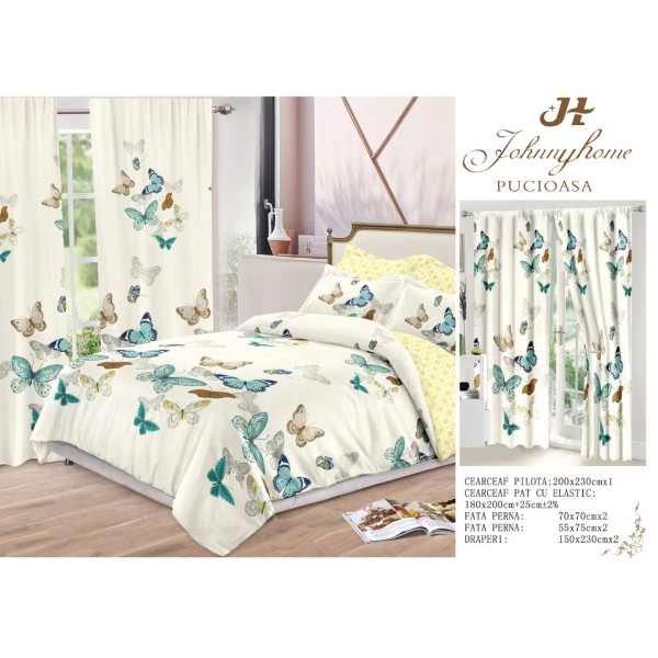 Lenjerie pat dublu, BUMBAC FINET, 6 piese, plus 2 DRAPERII, Alb, fluturi, LFG-004