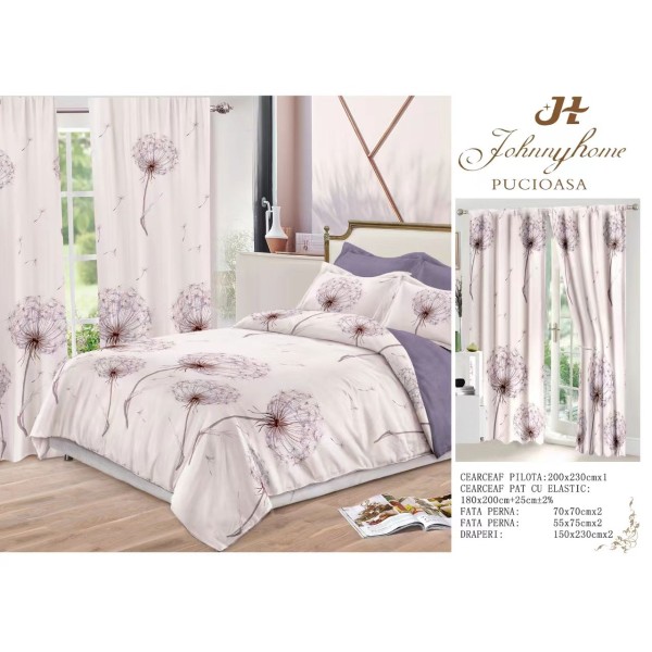 Lenjerie pat dublu, BUMBAC FINET, 6 piese, plus 2 DRAPERII, Roz-Mov, flori, LFG-006