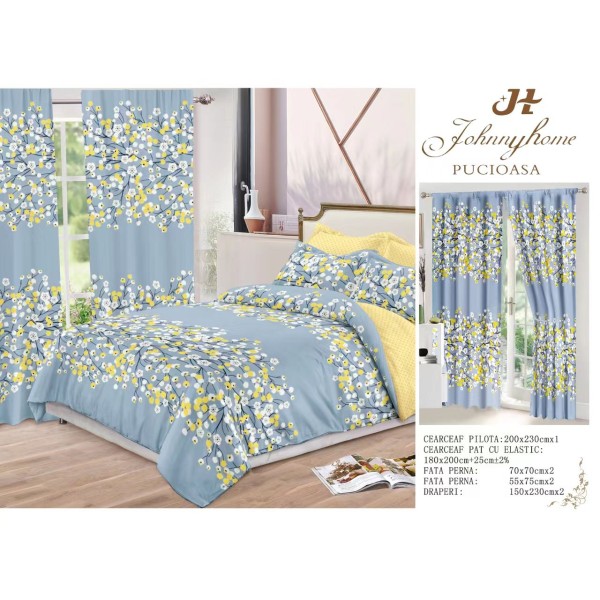 Lenjerie pat dublu, BUMBAC FINET, 6 piese, plus 2 DRAPERII, Blue-Galben, flori, LFG-007