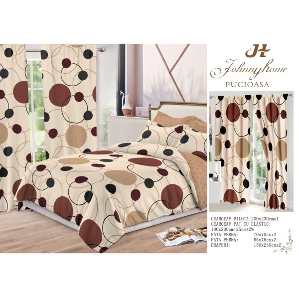 Lenjerie pat dublu, BUMBAC FINET, 6 piese, plus 2 DRAPERII, Bej-Crem, cercuri, LFG-009