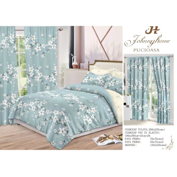 Lenjerie pat dublu, BUMBAC FINET, 6 piese, plus 2 DRAPERII, Blue, flori, LFG-012