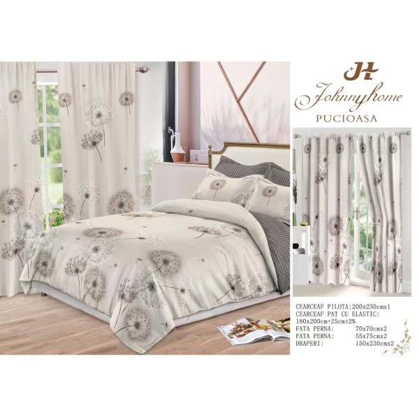 Lenjerie pat dublu, BUMBAC FINET, 6 piese, plus 2 DRAPERII, Bej, flori, LFG-014