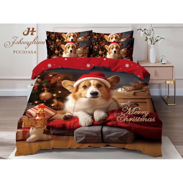 Set Lenjerie Pat Dublu 6 Piese Bumbac Finet – Model Câine Corgi cu Moș Crăciun, Roșu Festiv, LTC-054