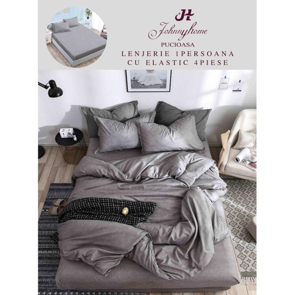 Lenjerie Bumbac Finet Superior, 4 Piese, Pat 1 Persoana, cearsaf cu ELASTIC, Gri, OTM-008