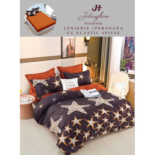 Lenjerie Bumbac Finet Superior, 4 Piese, Pat 1 Persoana, cearsaf cu ELASTIC, Portocaliu, stele, OTM-019