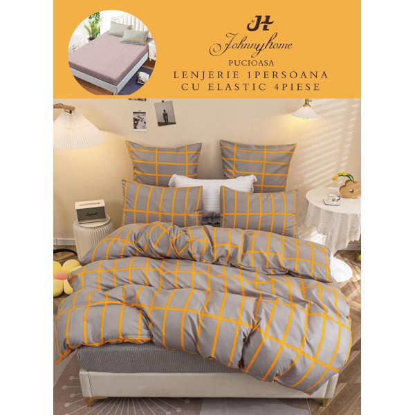 Lenjerie Bumbac Finet Superior, 4 Piese, Pat 1 Persoana, cearsaf cu ELASTIC, Bej-Crem, linii, OTM-023