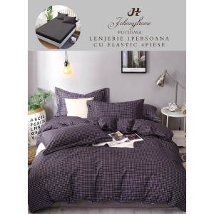 Lenjerie Bumbac Finet Superior, 4 Piese, Pat 1 Persoana, cearsaf cu ELASTIC, Bleumarin, OTM-024
