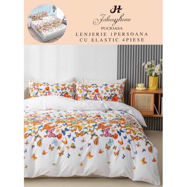 Lenjerie Bumbac Finet Superior, 4 Piese, Pat 1 Persoana, cearsaf cu ELASTIC, Alb-Multicolor, fluturi, OTM-025