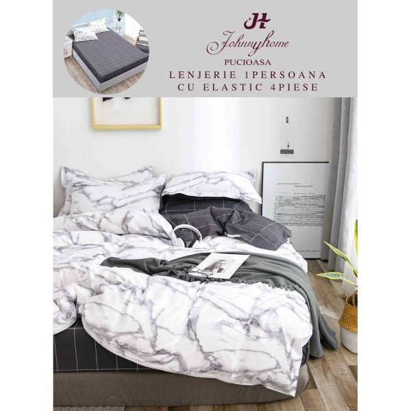 Lenjerie Bumbac Finet Superior, 4 Piese, Pat 1 Persoana, cearsaf cu ELASTIC, Alb-Gri, OTM-030