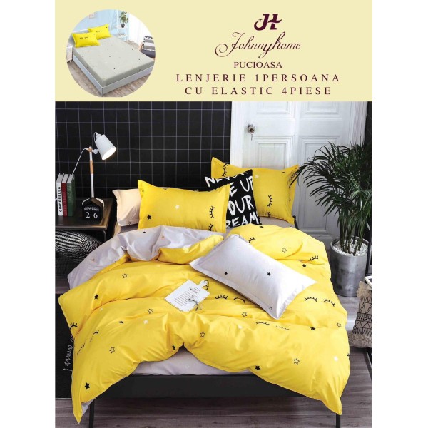 Lenjerie Bumbac Finet Superior, 4 Piese, Pat 1 Persoana, cearsaf cu ELASTIC, Galben-Gri, gene, OTM-035