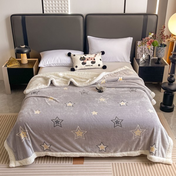 Pătură Cocolino cu blăniță 200x230 cm – moale, călduroasă și premium - Gri, model stele, PBC-074