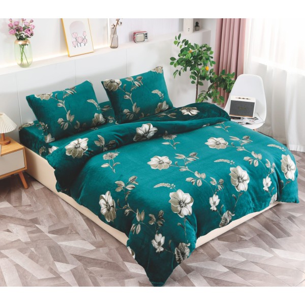 Set Lenjerie Pufoasa Cocolino cu Elastic, 4 Piese, Pat 2 Persoane, Verde-Alb, flori, LEC-056 Set Lenjerie Pufoasa Cocolino cu Elastic, 4 Piese, Pat 2 Persoane, Verde-Alb, flori, LEC-056