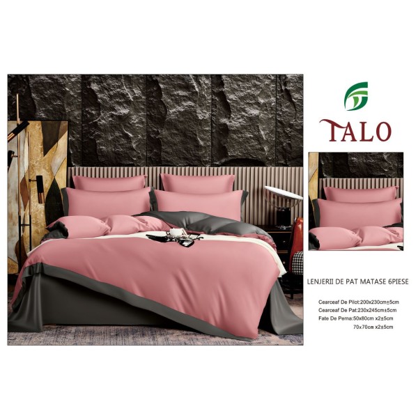 Lenjerie de pat din Matase, 6 Piese, Pat 2 Persoane, Roz, LMS-001