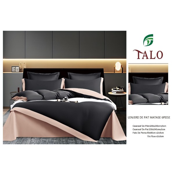 Lenjerie de pat din Matase, 6 Piese, Pat 2 Persoane, Negru, LMS-003