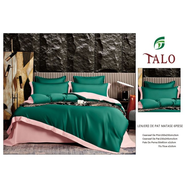 Lenjerie de pat din Matase, 6 Piese, Pat 2 Persoane, Verde, LMS-004