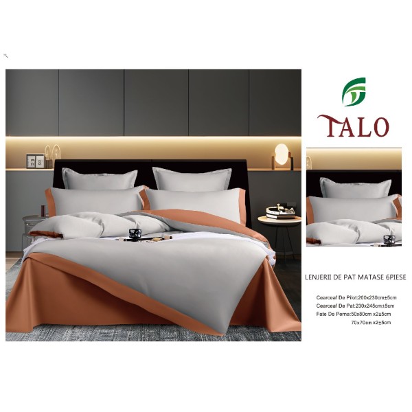 Lenjerie de pat din Matase, 6 Piese, Pat 2 Persoane, Gri, LMS-005