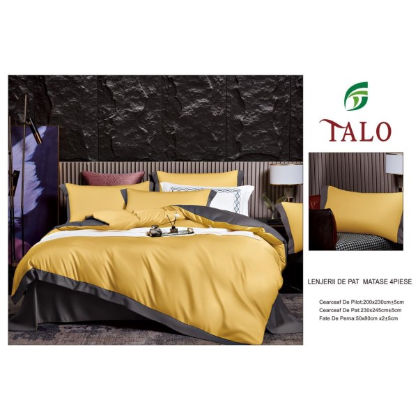 Lenjerie de pat din Matase, 6 Piese, Pat 2 Persoane, Galben, LMS-006