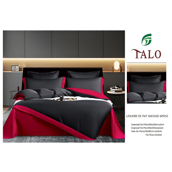 Lenjerie de pat din Matase, 6 Piese, Pat 2 Persoane, Rosu-Negru, LMS-008