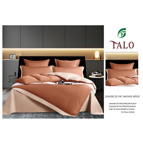Lenjerie de pat din Matase, 6 Piese, Pat 2 Persoane, Maro-Bej, LMS-009