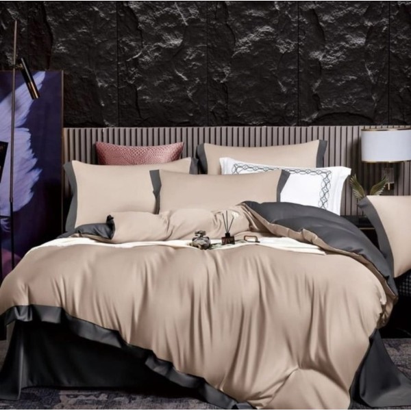 Lenjerie de pat din Matase, 6 Piese, Pat 2 Persoane, Bej-Negru, LMS-011