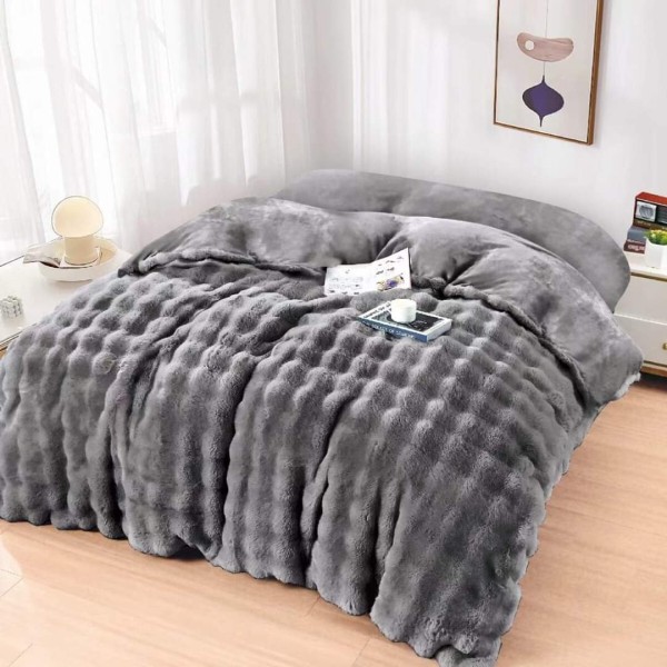 Lenjerie pat dublu, Super Pufoasa, din Blanita artificiala de Iepure, 4 piese, Gri inchis, LCE-059