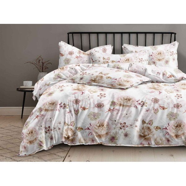 Lenjerie pat dublu, 4 piese, Bumbac Satinat Superior, Alb, flori, OLBS-026