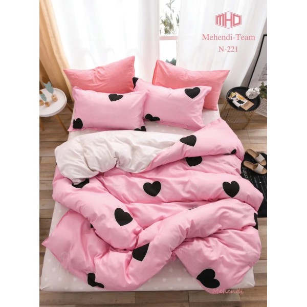 Lenjerie pat dublu, 4 piese, Bumbac Satinat Superior, Roz-Negru, inimi, OLBS-041