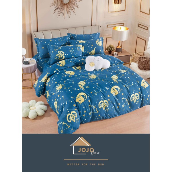 Lenjerie de Pat din Finet, 4 Piese, Pat 1 Persoana, Albastru, zodii, LFS-100