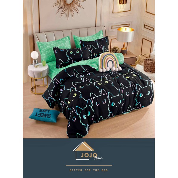 Lenjerie de Pat din Finet, 4 Piese, Pat 1 Persoana, Negru, pisica, LFS-069