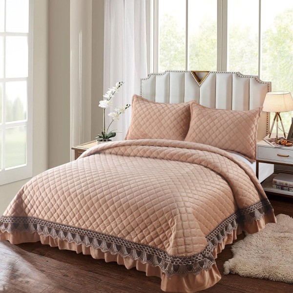 Set Cuvertura de Pat din Catifea cu Broderie Aurie, 235x255cm, Bej inchis, CCB-029