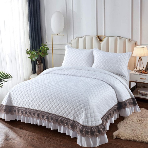 Set Cuvertura de Pat din Catifea cu Broderie Aurie, 235x255cm, Alb, CCB-032