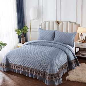 Set Cuvertura de Pat din Catifea cu Broderie Aurie, 235x255cm, Gri deschis, CCB-031