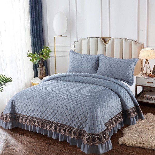 Set Cuvertura de Pat din Catifea cu Broderie Aurie, 235x255cm, Gri deschis, CCB-031