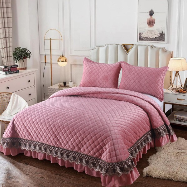 Set Cuvertura de Pat din Catifea cu Broderie Aurie, 235x255cm, Roz, CCB-049
