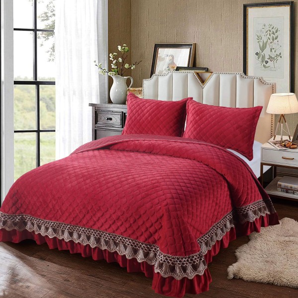Set Cuvertura de Pat din Catifea cu Broderie Aurie, 235x255cm, Bordo, CCB-050