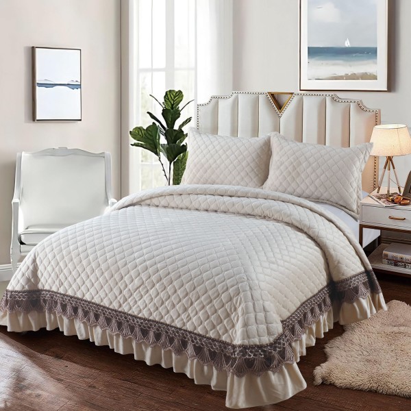 Set Cuvertura de Pat din Catifea cu Broderie Aurie, 235x255cm, Crem, CCB-051