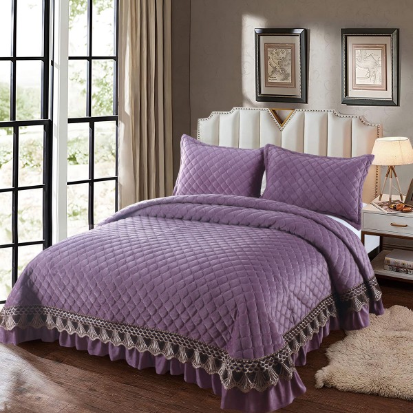 Set Cuvertura de Pat din Catifea cu Broderie Aurie, 235x255cm, Mov, CCB-052