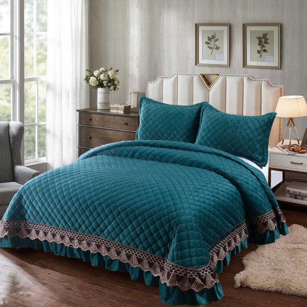 Set Cuvertura de Pat din Catifea cu Broderie Aurie, 235x255cm, Verde, CCB-053