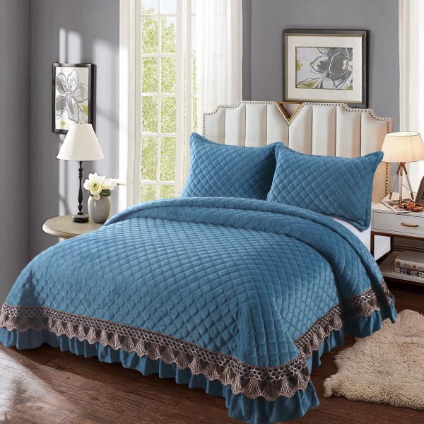 Set Cuvertura de Pat din Catifea cu Broderie Aurie, 235x255cm, Albastru, CCB-054