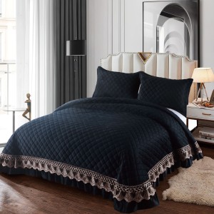 Set Cuvertura de Pat din Catifea cu Broderie Aurie, 235x255cm, Negru, CCB-055