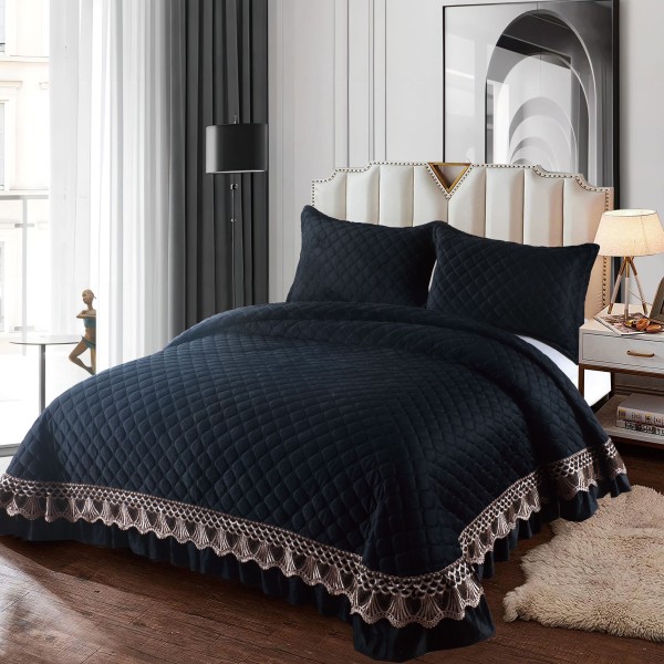 Set Cuvertura de Pat din Catifea cu Broderie Aurie, 235x255cm, Negru, CCB-055