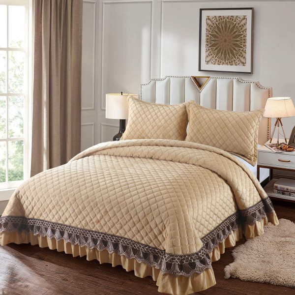 Set Cuvertura de Pat din Catifea cu Broderie Aurie, 235x255cm, Bej, CCB-056