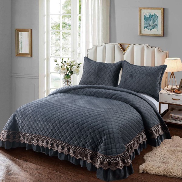 Set Cuvertura de Pat din Catifea cu Broderie Aurie, 235x255cm, Gri inchis, CCB-057