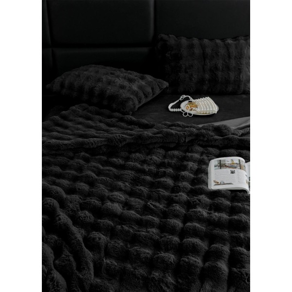 Lenjerie de pat, DeLuxe, cocolino tip blăniță iepure, 2 persoane, 6 piese, Negru, LCE-027