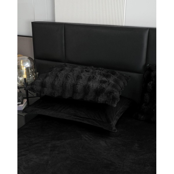 Lenjerie de pat, DeLuxe, cocolino tip blăniță iepure, 2 persoane, 6 piese, Negru, LCE-027