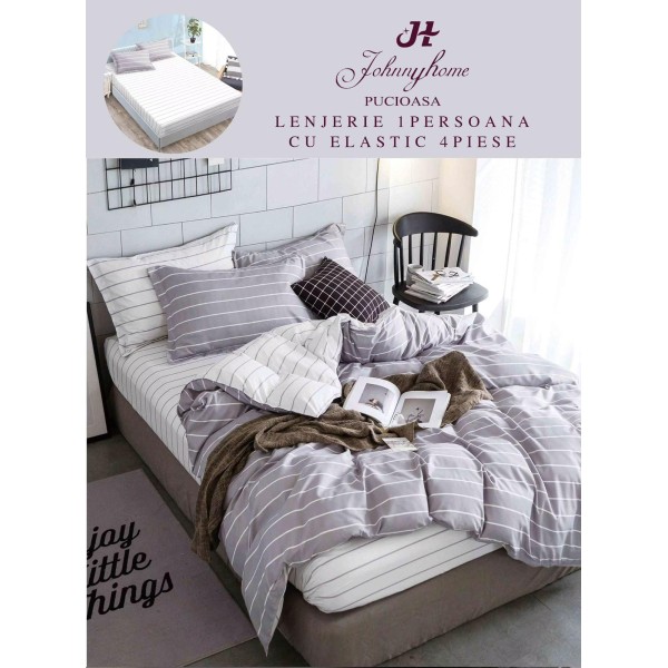 Lenjerie Bumbac Finet Superior, 4 Piese, Pat 1 Persoana, cearsaf cu ELASTIC, Gri-Alb, linii, OTM-037