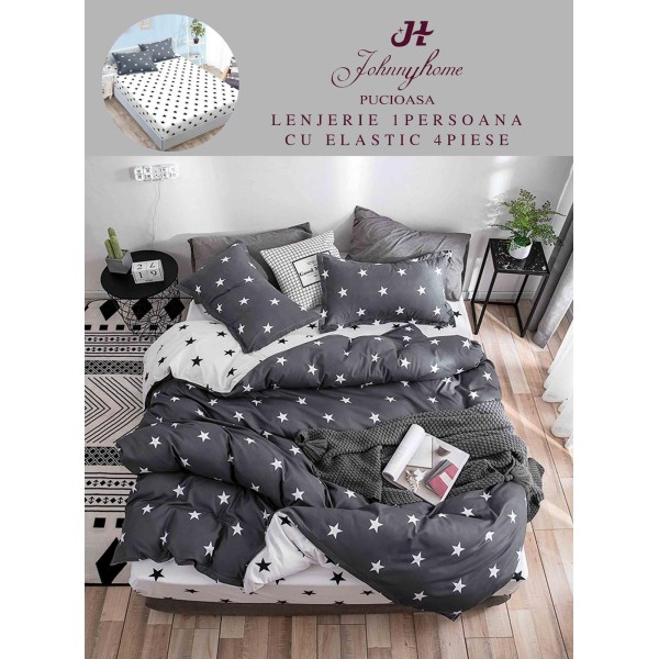 Lenjerie Bumbac Finet Superior, 4 Piese, Pat 1 Persoana, cearsaf cu ELASTIC, Gri-Alb, stele, OTM-048
