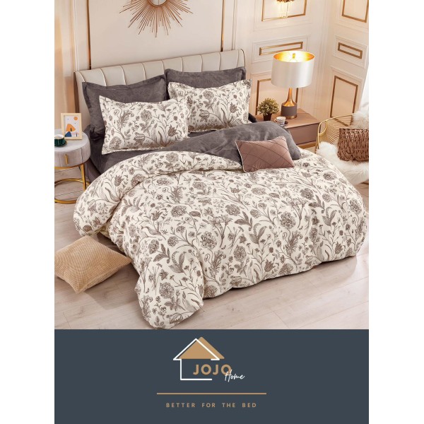 Set Lenjerie de pat din Finet Gros, Cearceaf cu ELASTIC, 6 Piese, Pat 2 Persoane, Bej, flori, LDE-065